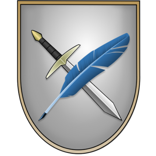 The Roleplay Journal crest: a sword crossed with a blue quill on a silver shield
